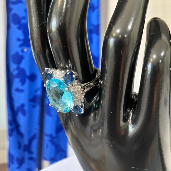 Sterling Silver 925 Blue Rhinestone Statement Ring Cocktail Bold Glam Jewelry - Picture 1 of 7